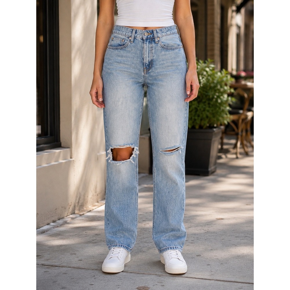 Princess Polly Jeans Womens 4 Light Blue Distressed High Rise Straight Leg Denim